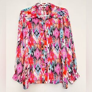 Bright Pink Multi-Color Printed Button-Front Women's Top